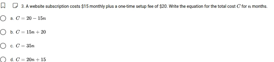 3. a website subscription costs $15 monthly plus a one - time setup fee…
