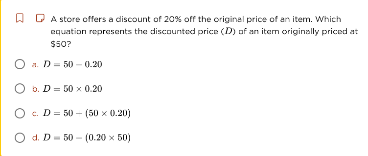 a store offers a discount of 20% off the original price of an item. whi…