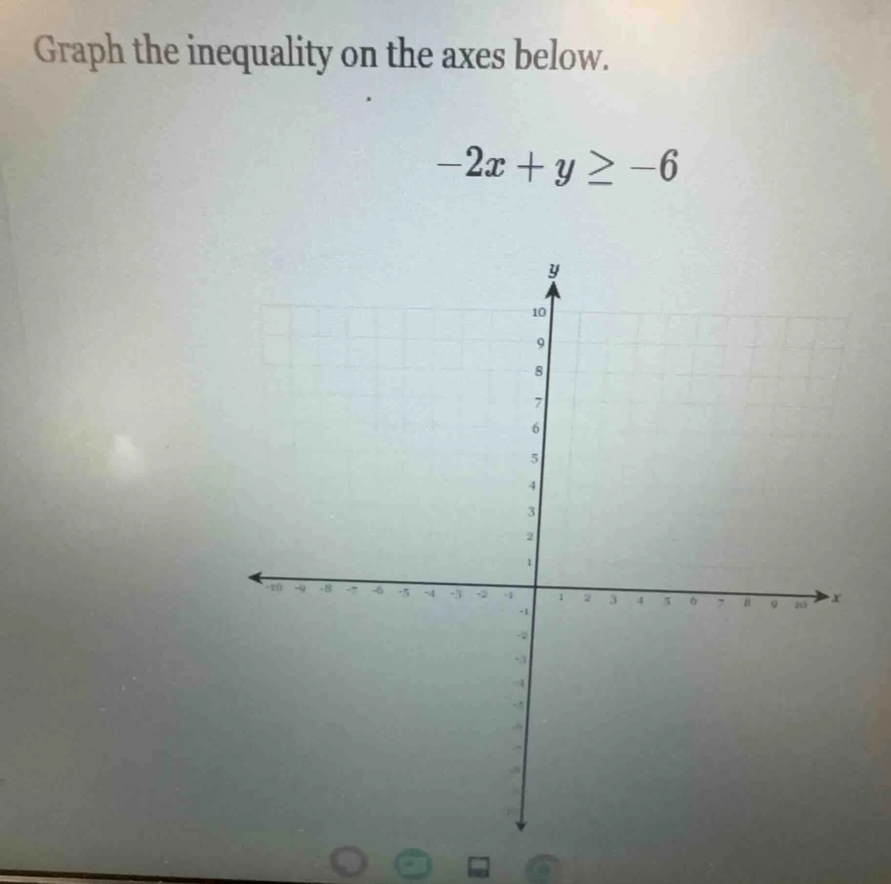 graph the inequality on the axes below. -2x + y ≥ -6