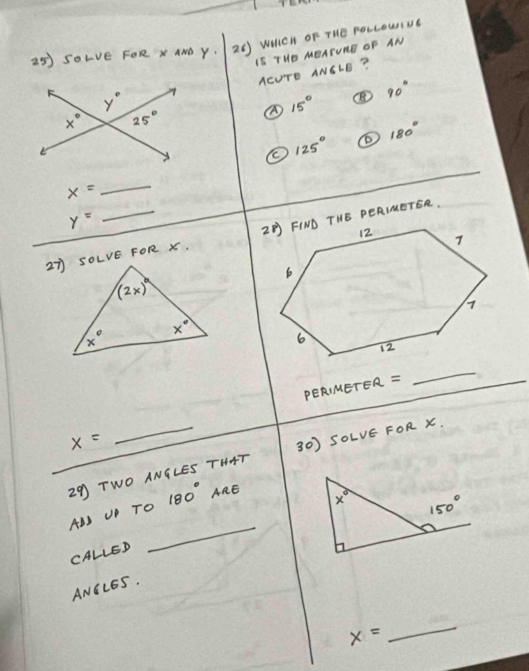25) solve for x and y. (diagram of two intersecting lines with angles x…