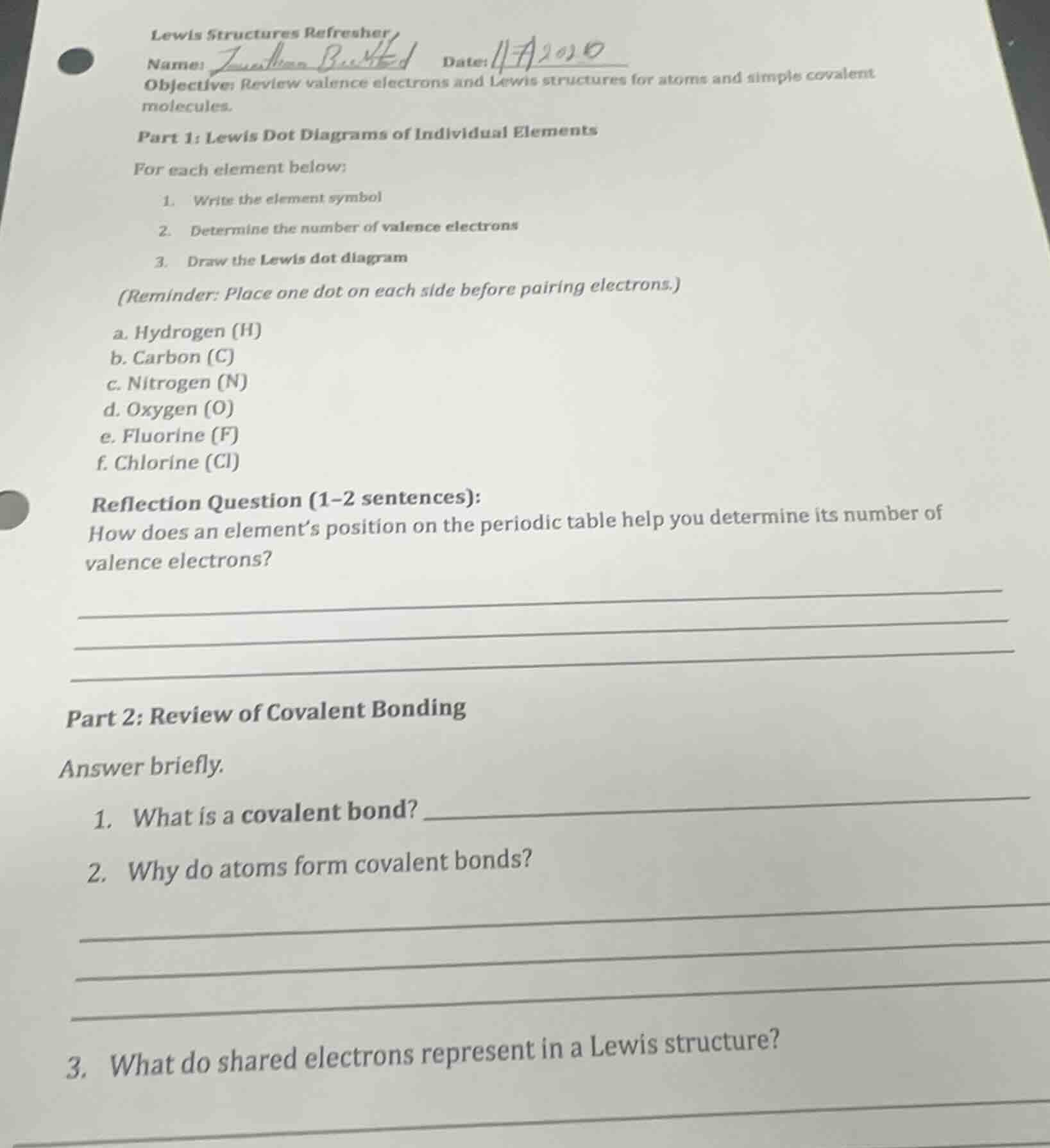 lewis structures refresher name: date: objective: review valence electr…