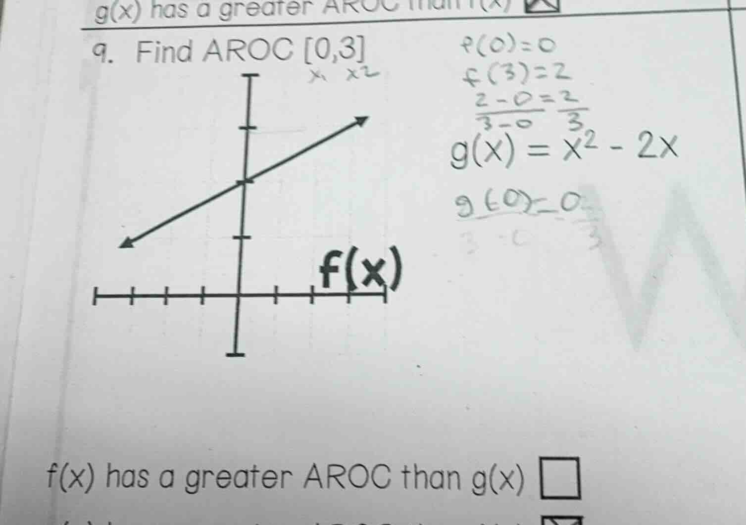 9. find aroc 0,3 $f(x)$ $g(x) = x^2 - 2x$ $f(0)=0$ $f(3)=2$ $\frac{2 - …