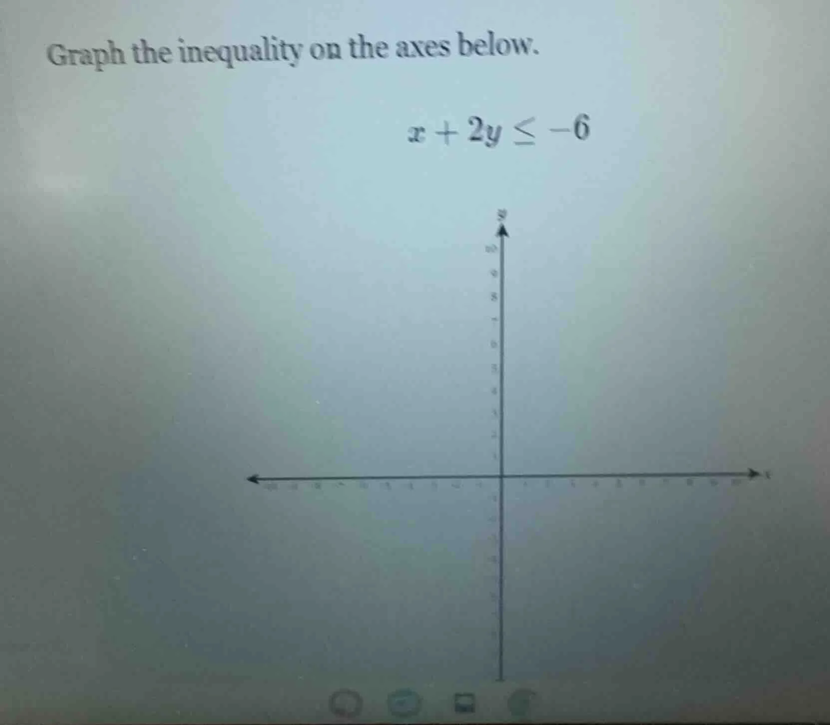 graph the inequality on the axes below. $x + 2y \\leq -6$