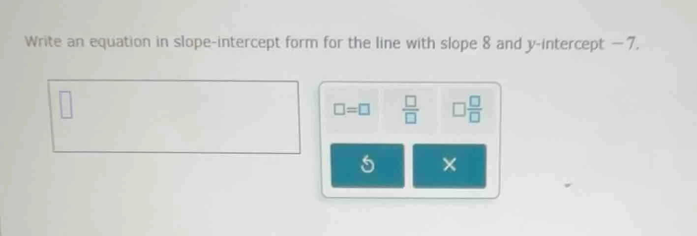 write an equation in slope-intercept form for the line with slope 8 and…