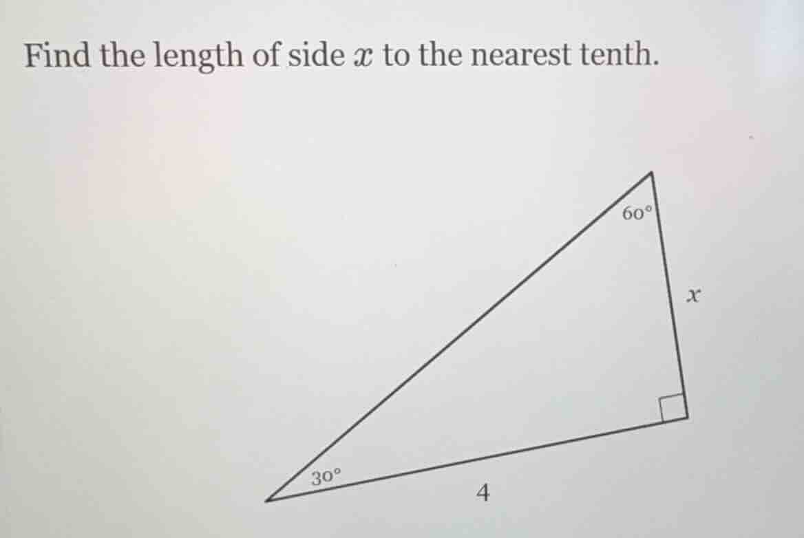 find the length of side $x$ to the nearest tenth. triangle image with 3…