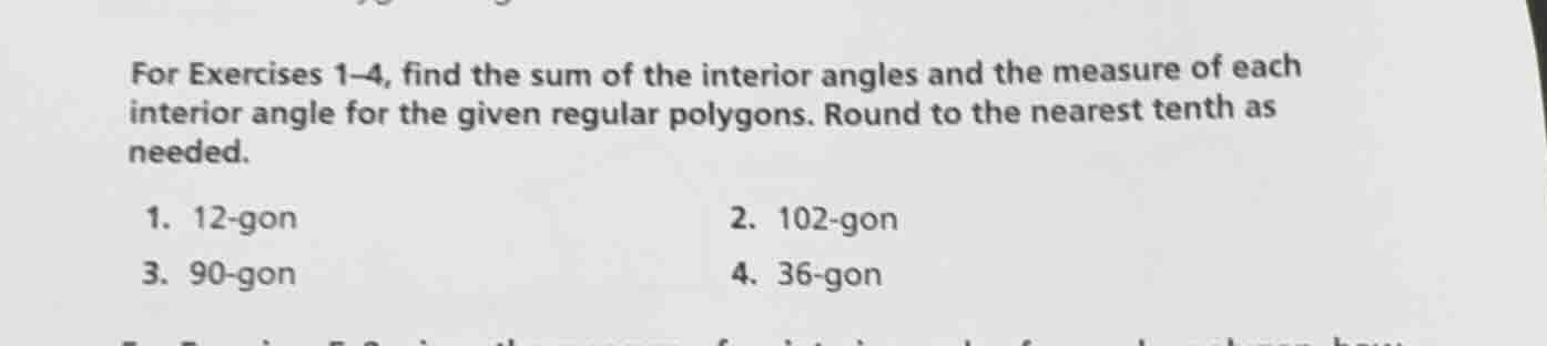 for exercises 1–4, find the sum of the interior angles and the measure …