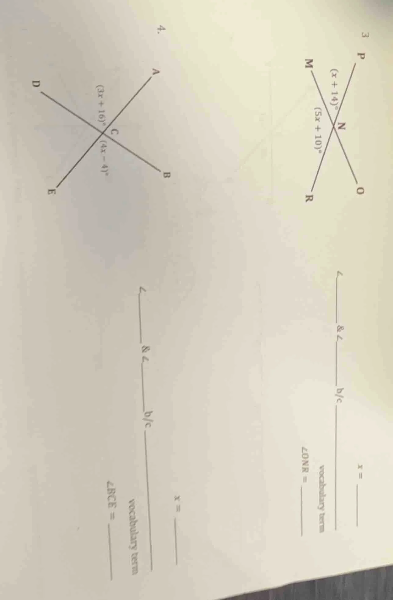 3 p (x + 14)° n (5x + 10)° m r o x = ______ &∠ b/c vocabulary term ∠onr…