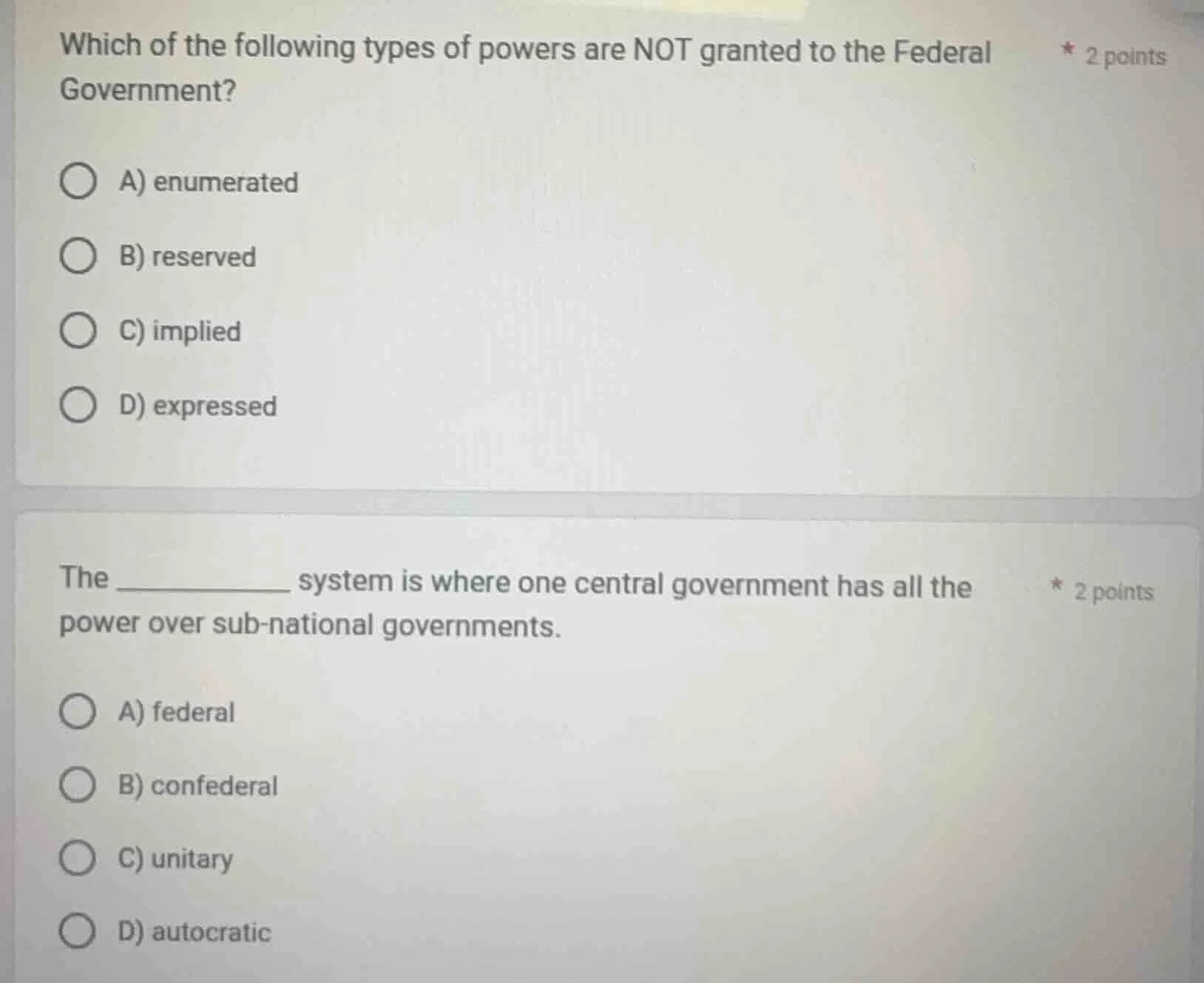 which of the following types of powers are not granted to the federal g…