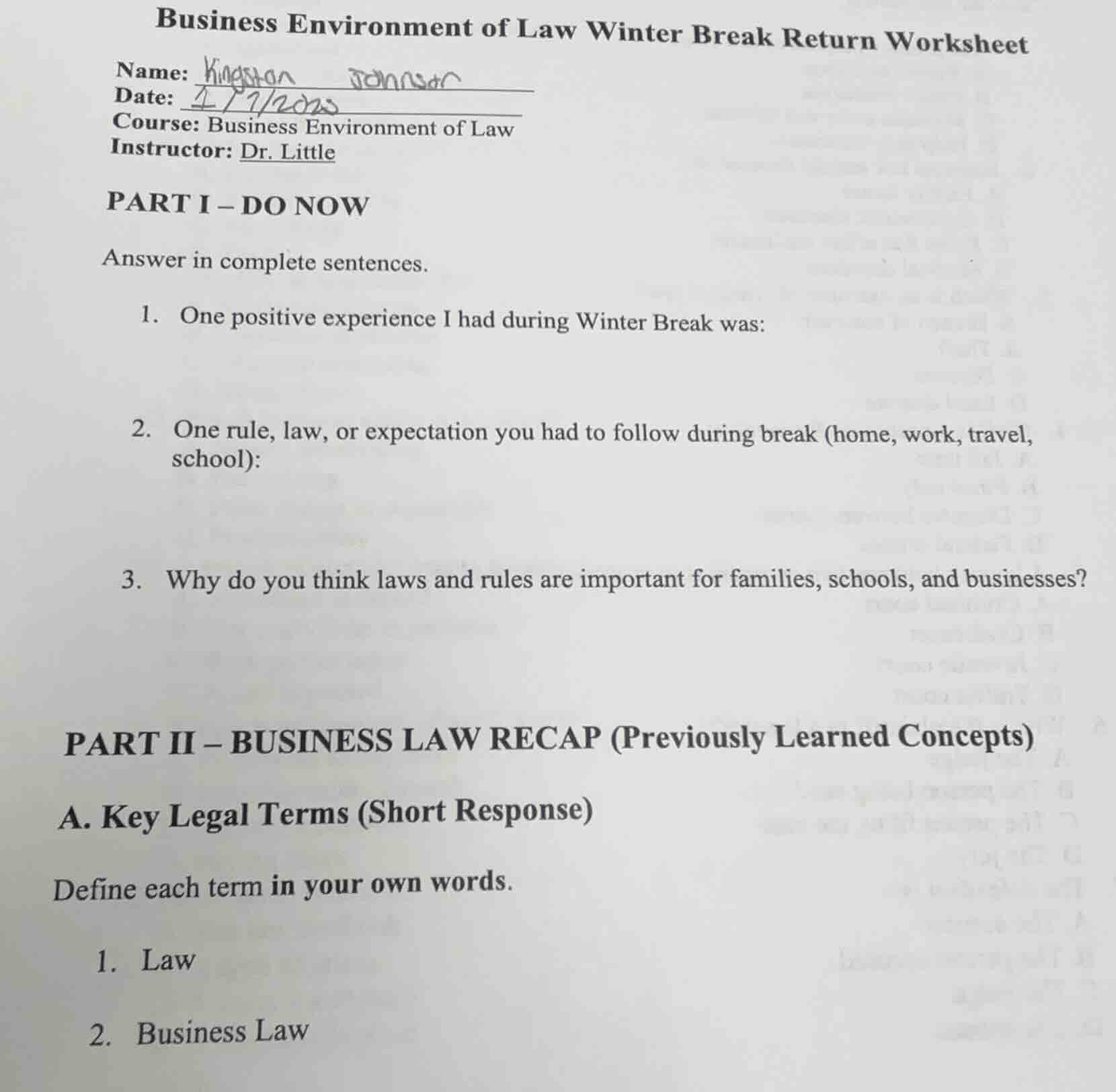 business environment of law winter break return worksheet name: kingsto…