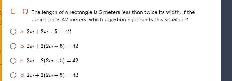 the length of a rectangle is 5 meters less than twice its width. if the…