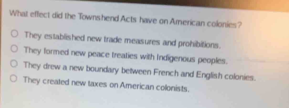 what effect did the townshend acts have on american colonies? ○ they es…
