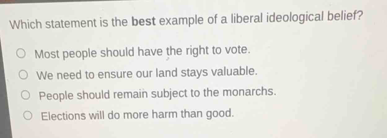 which statement is the best example of a liberal ideological belief? ○ …
