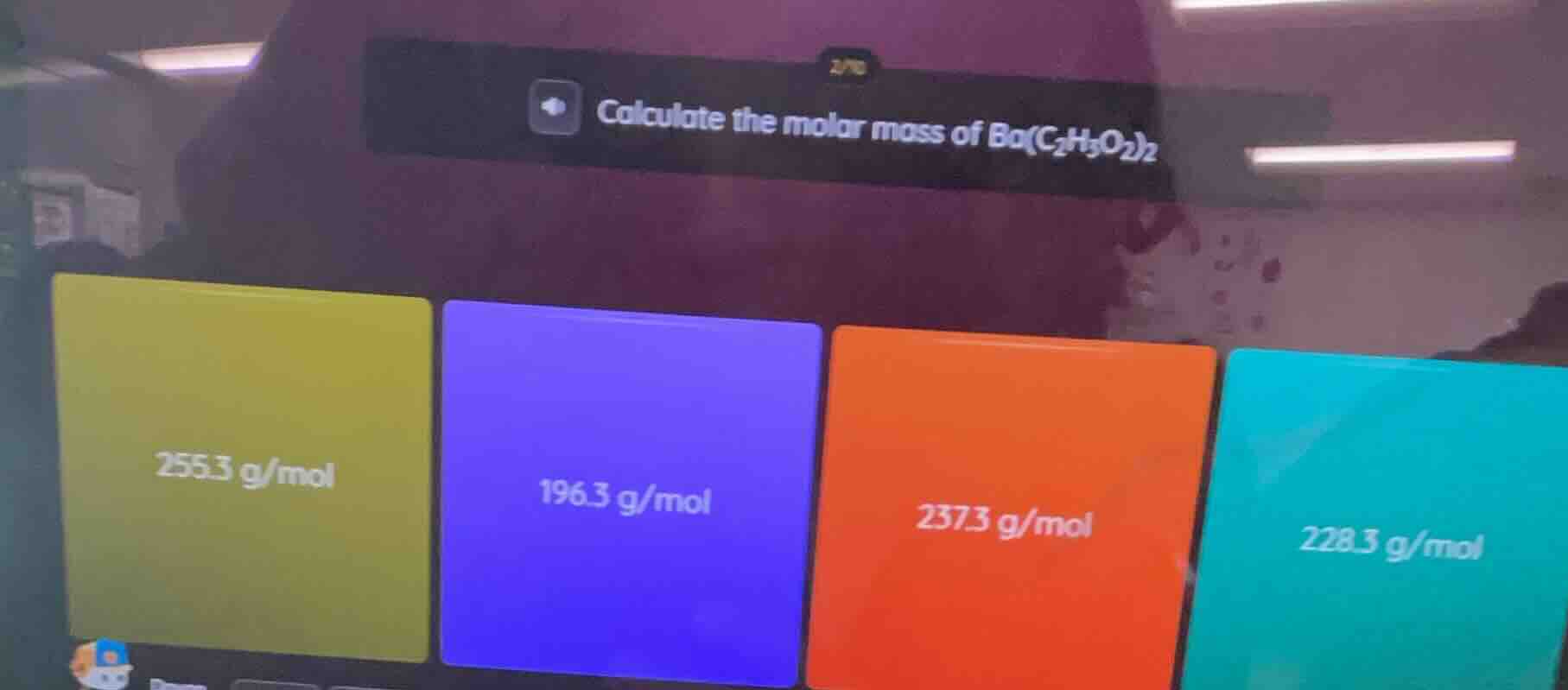 calculate the molar mass of ba(c₂h₃o₂)₂ 255.3 g/mol 196.3 g/mol 237.3 g…