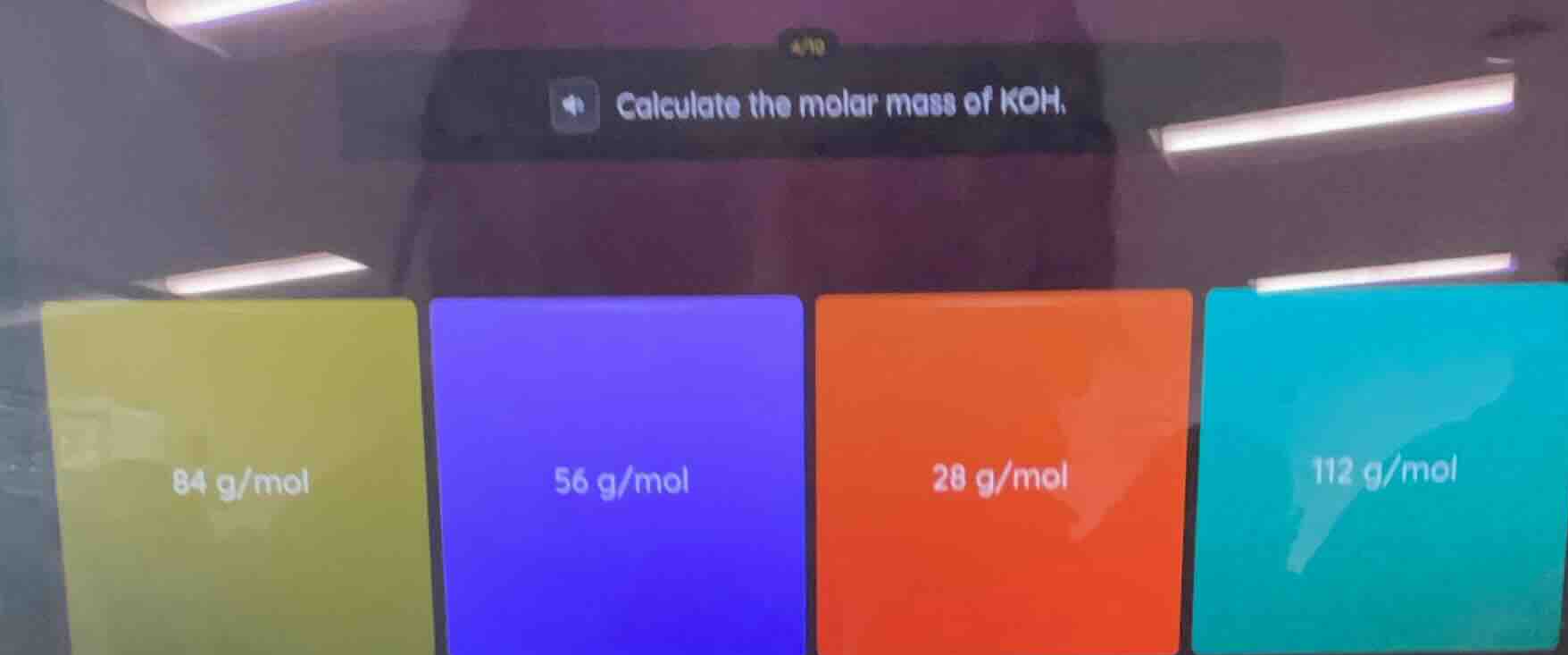 calculate the molar mass of koh. 84 g/mol 56 g/mol 28 g/mol 112 g/mol