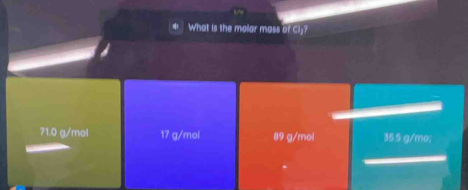 what is the molar mass of cl₂? 71.0 g/mol 17 g/mol 89 g/mol 35.5 g/mol
