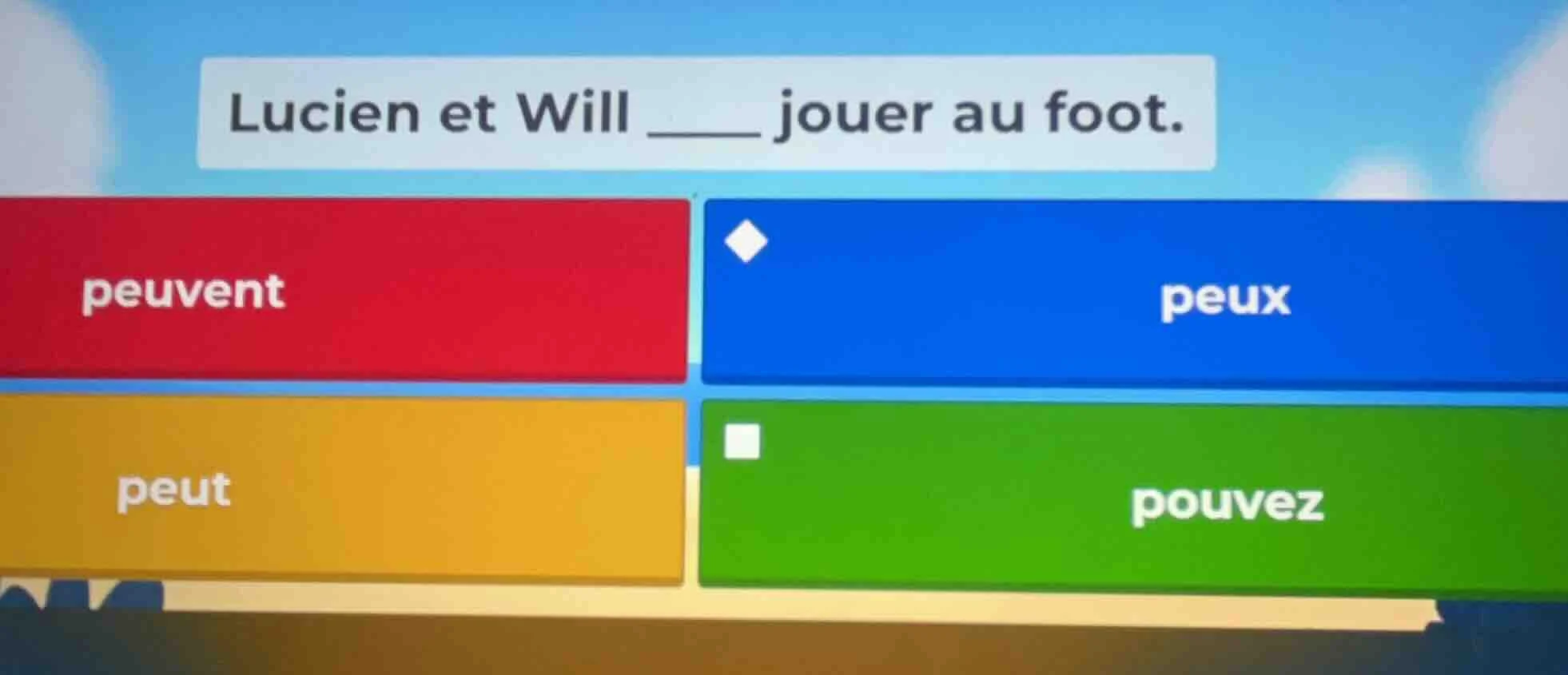 lucien et will ____ jouer au foot. peuvent peux peut pouvez