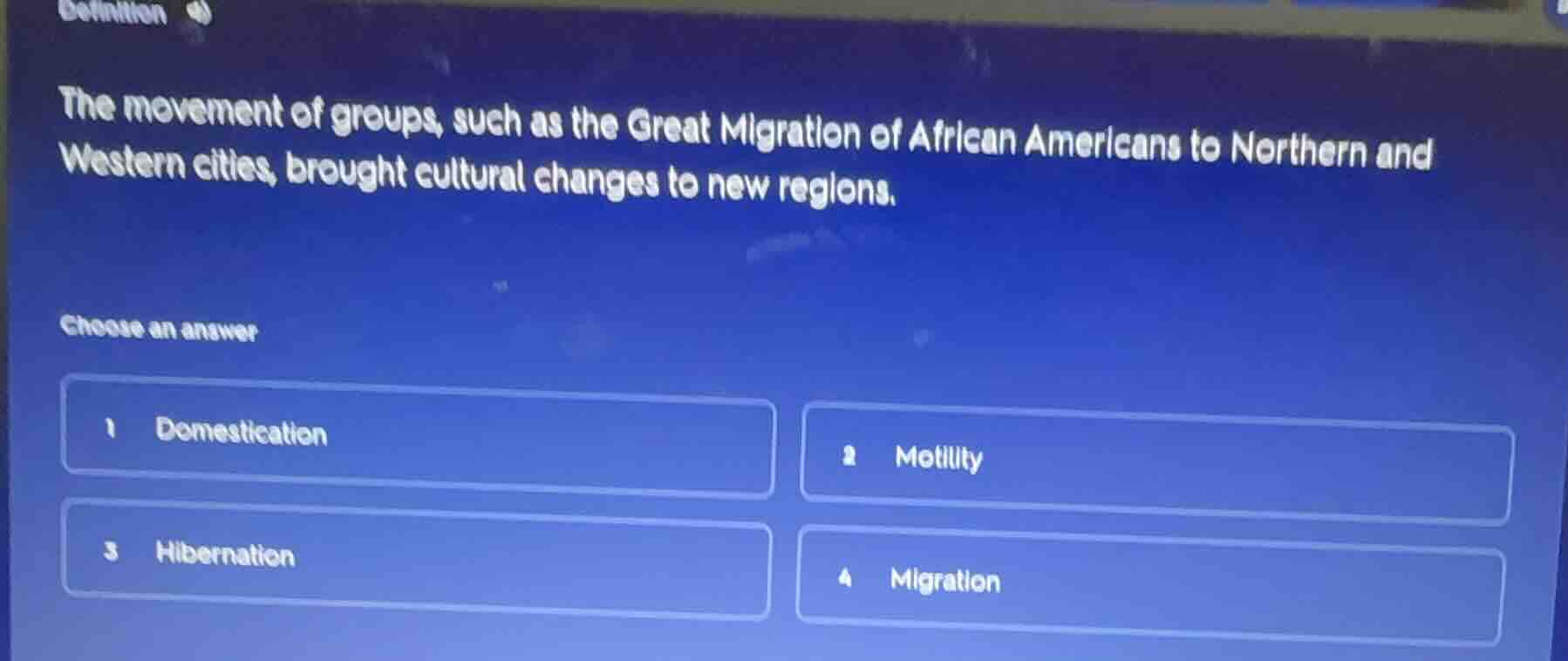 definition the movement of groups, such as the great migration of afric…