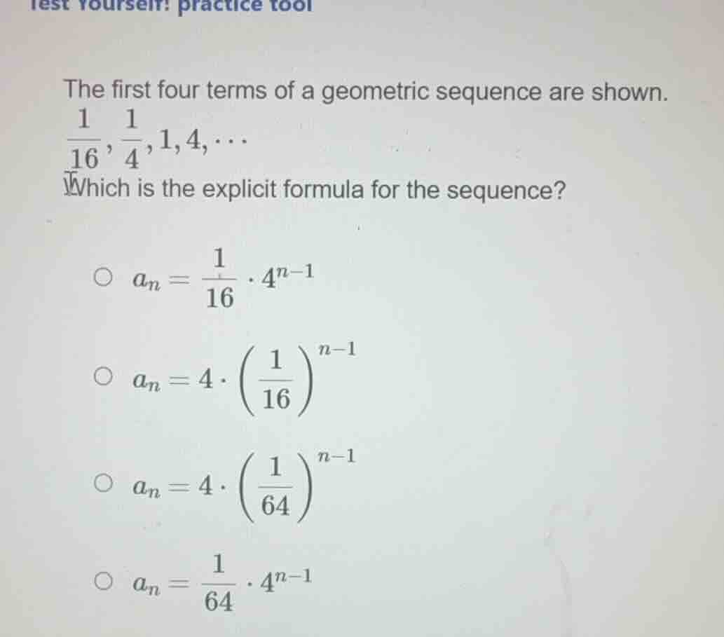 the first four terms of a geometric sequence are shown. \\(\\frac{1}{16…