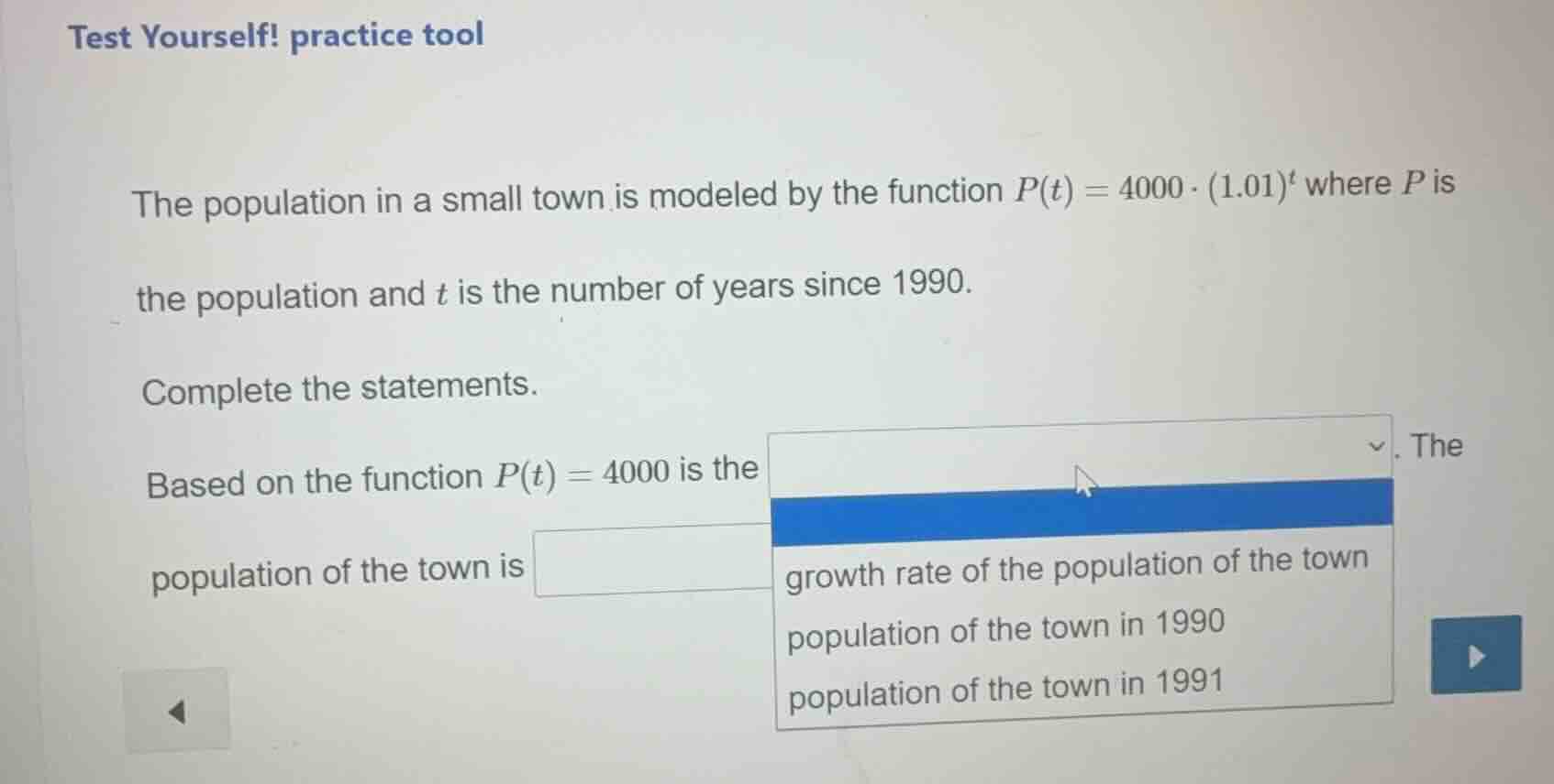 test yourself! practice tool the population in a small town is modeled …