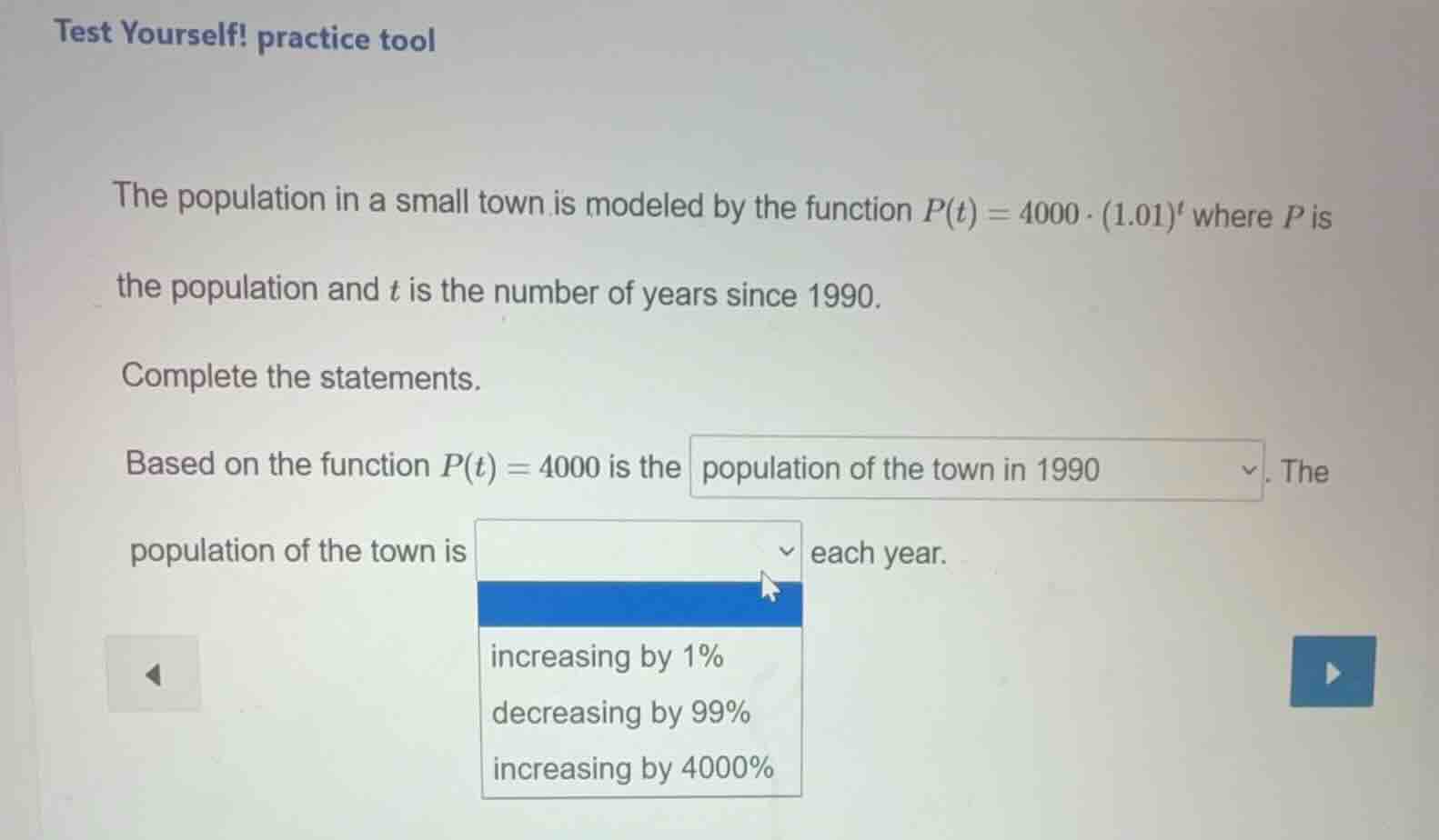 test yourself! practice tool the population in a small town is modeled …