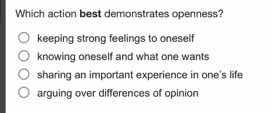 which action best demonstrates openness? keeping strong feelings to one…