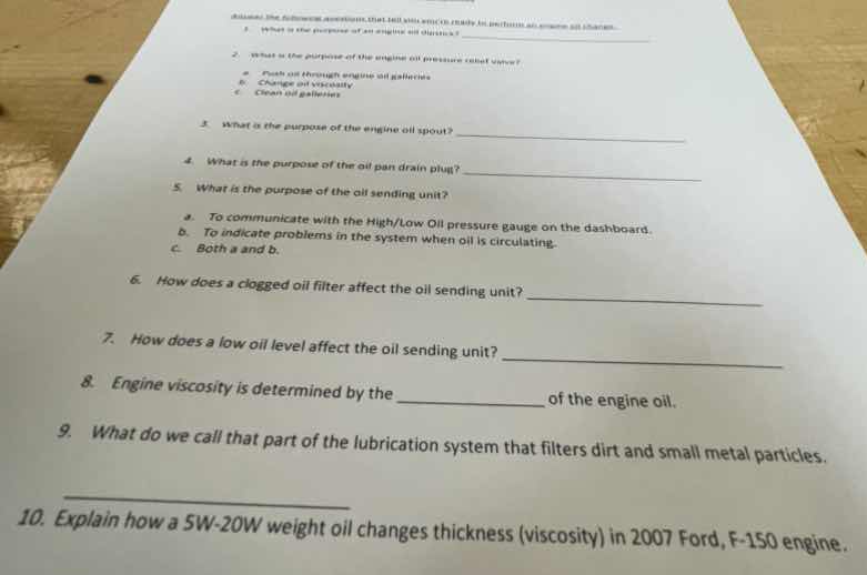 1. some text is unclear, likely related to engine lubrication system 2.…