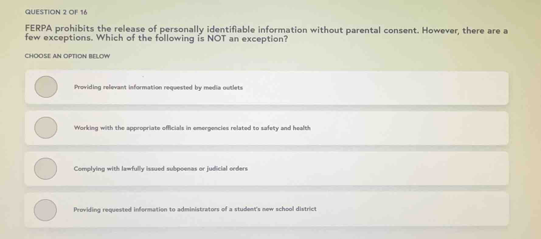 question 2 of 16 ferpa prohibits the release of personally identifiable…
