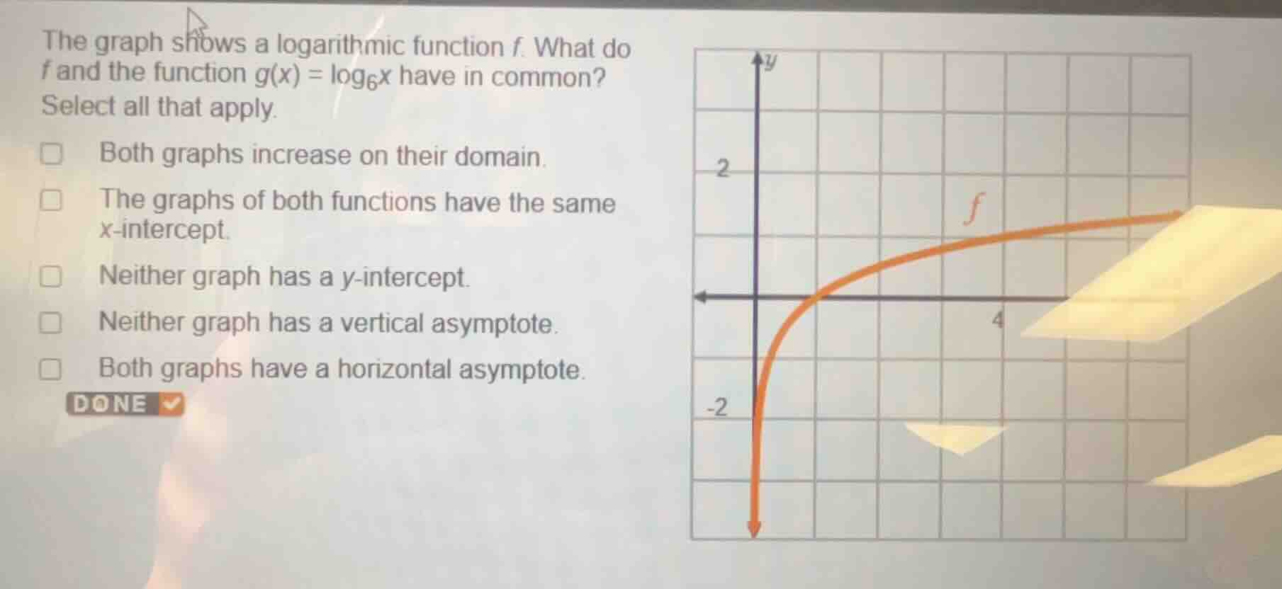 the graph shows a logarithmic function f. what do f and the function g(…
