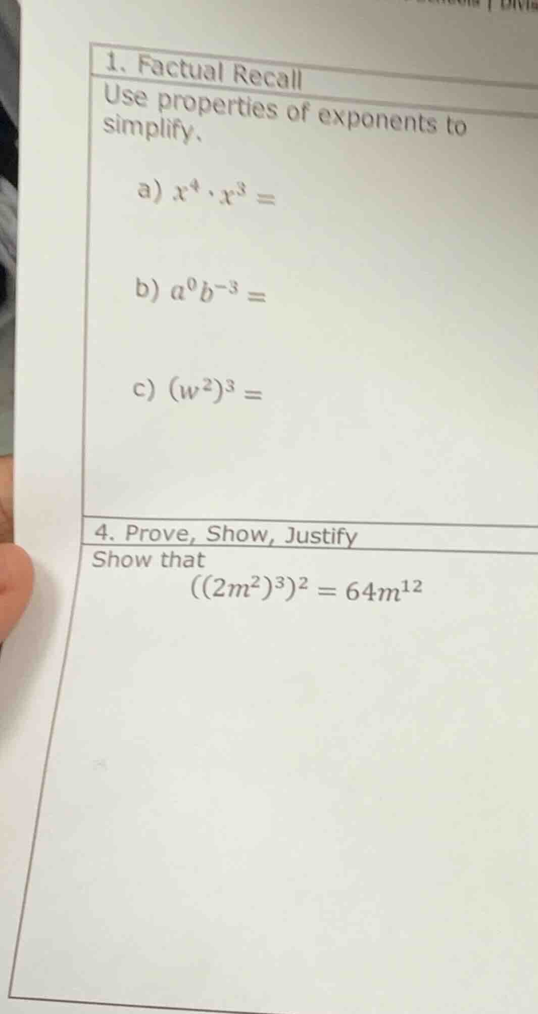 1. factual recall use properties of exponents to simplify. a) $x^4 \\cd…
