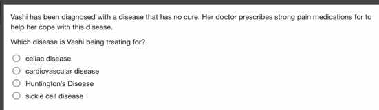 vashi has been diagnosed with a disease that has no cure. her doctor pr…