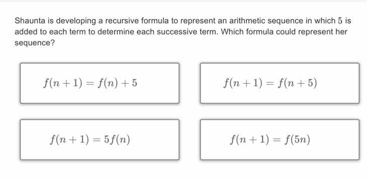 shaunta is developing a recursive formula to represent an arithmetic se…