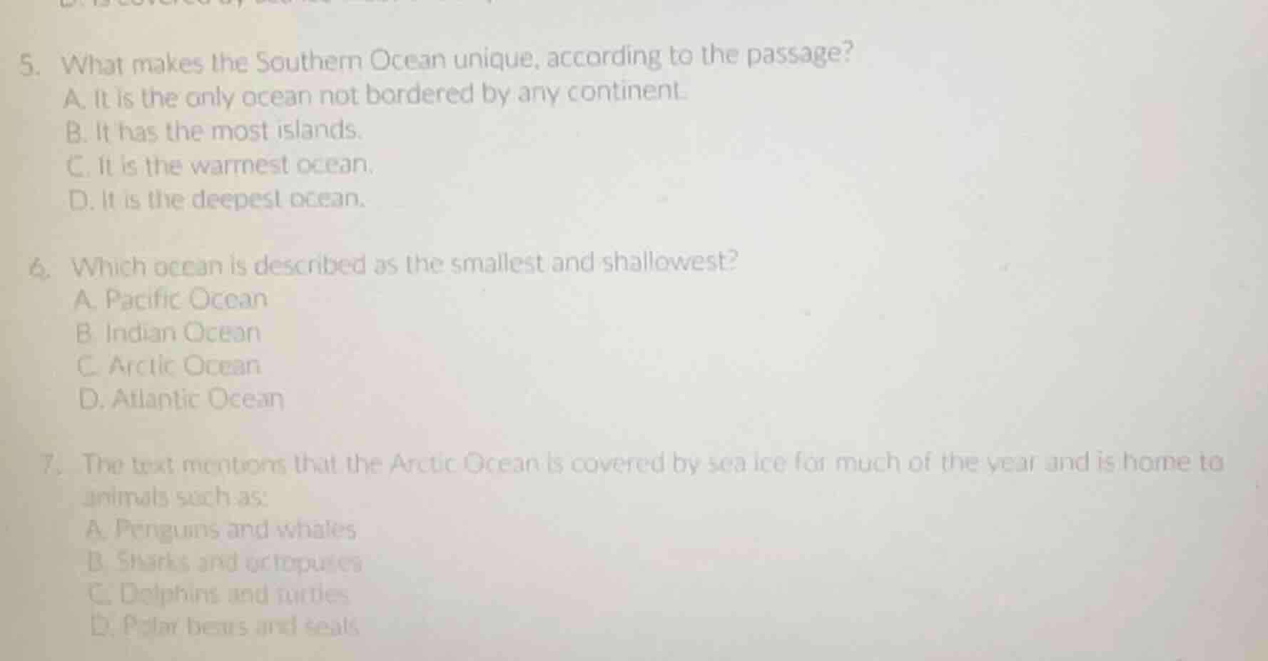 5. what makes the southern ocean unique, according to the passage? a. i…