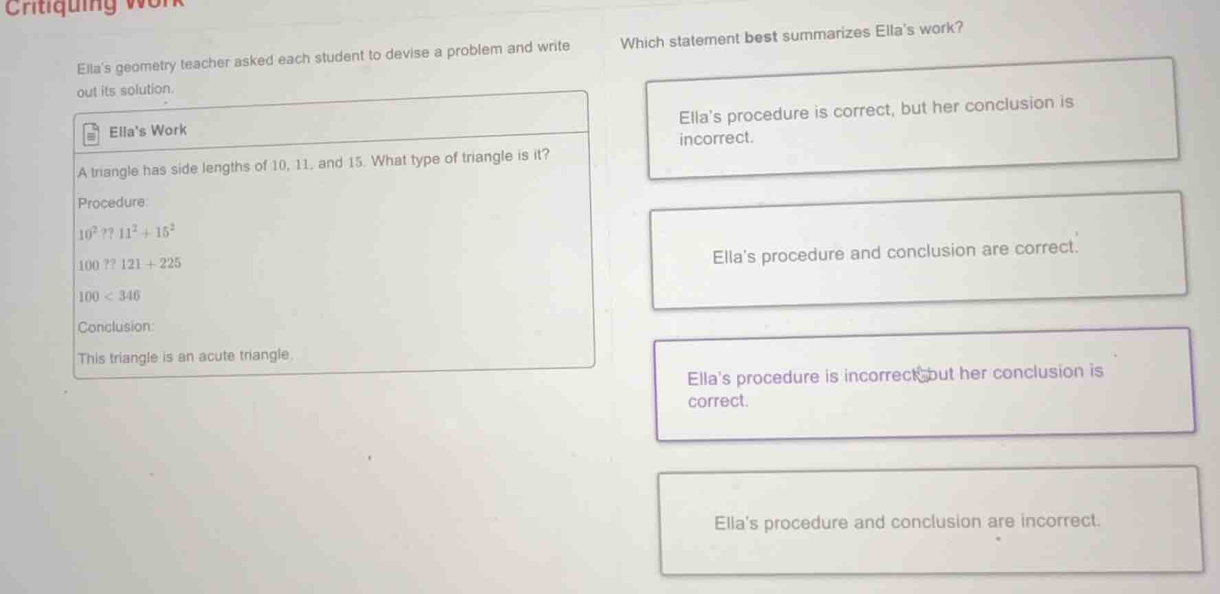 critiquing work ella’s geometry teacher asked each student to devise a …