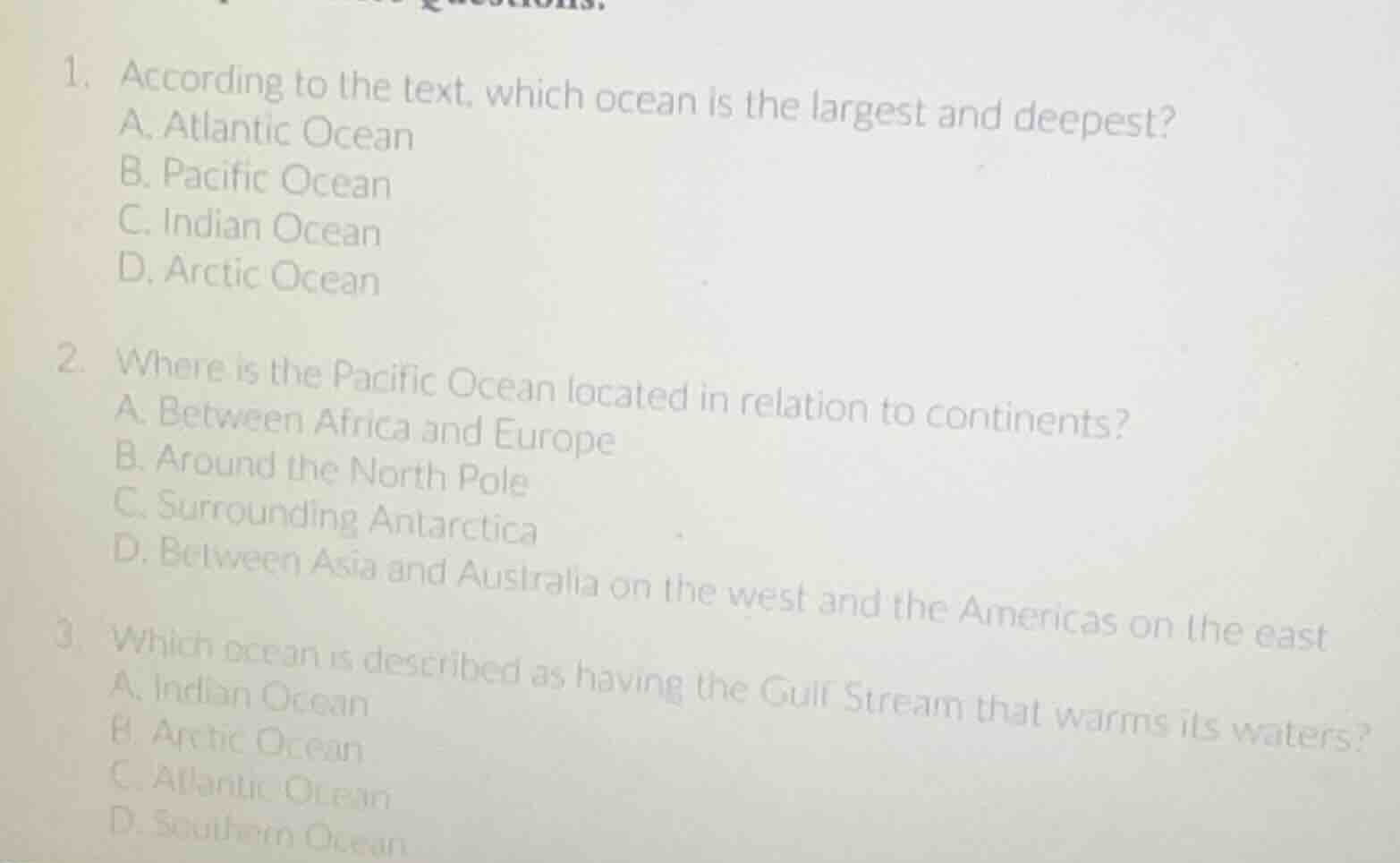 1. according to the text, which ocean is the largest and deepest? a. at…