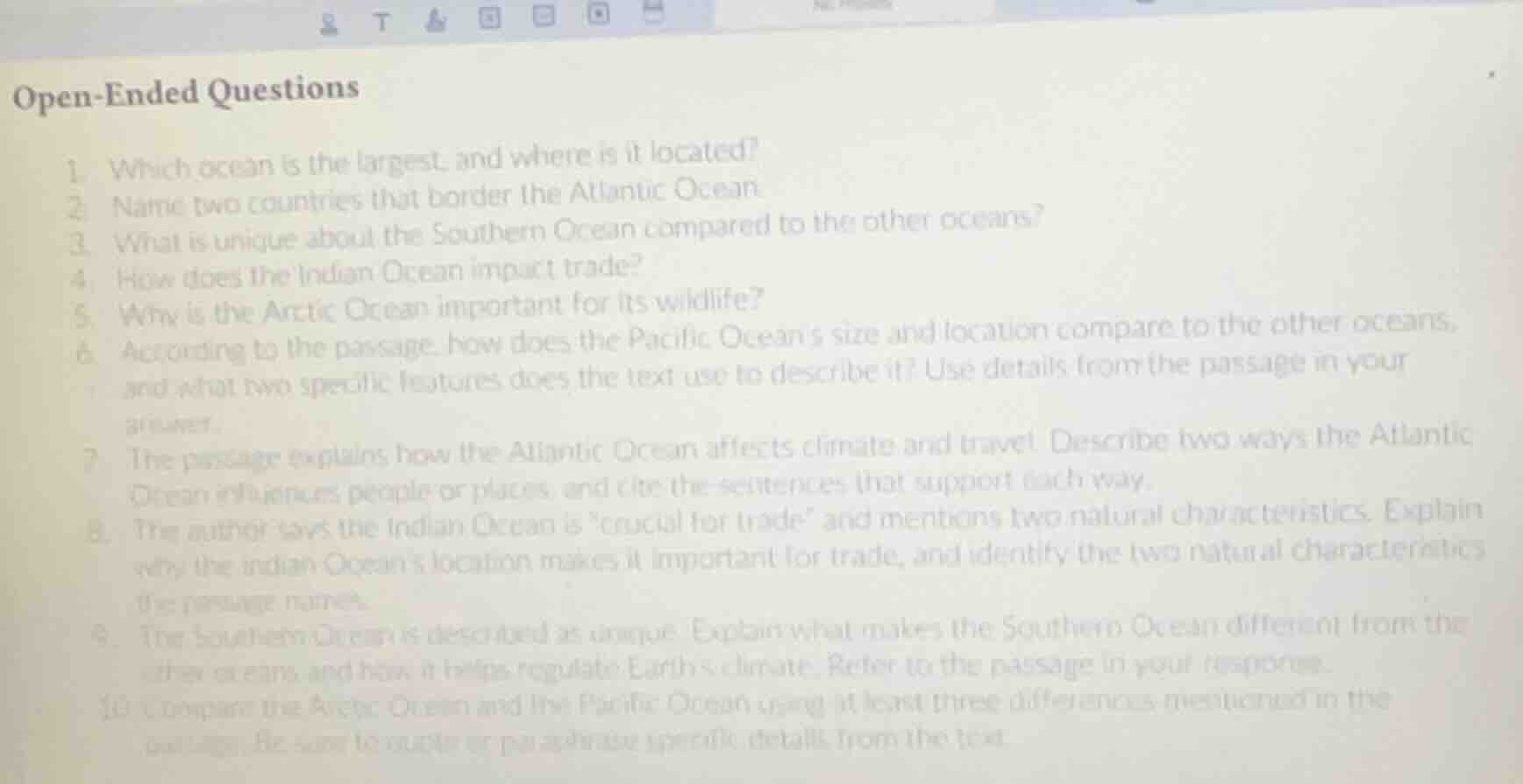 open - ended questions 1. which ocean is the largest, and where is it l…