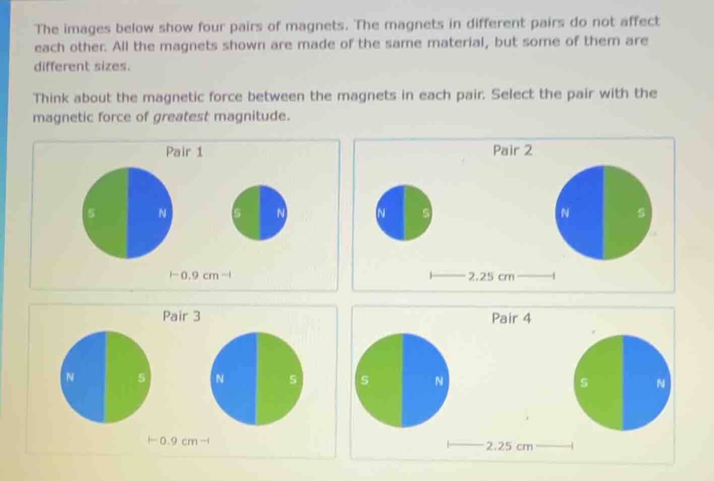 the images below show four pairs of magnets. the magnets in different p…