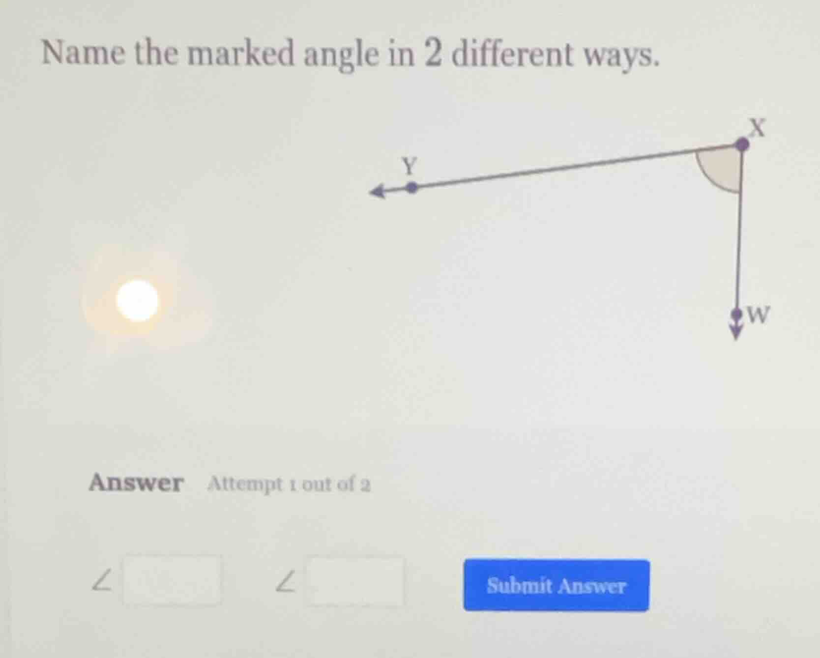 name the marked angle in 2 different ways. answer attempt 1 out of 2