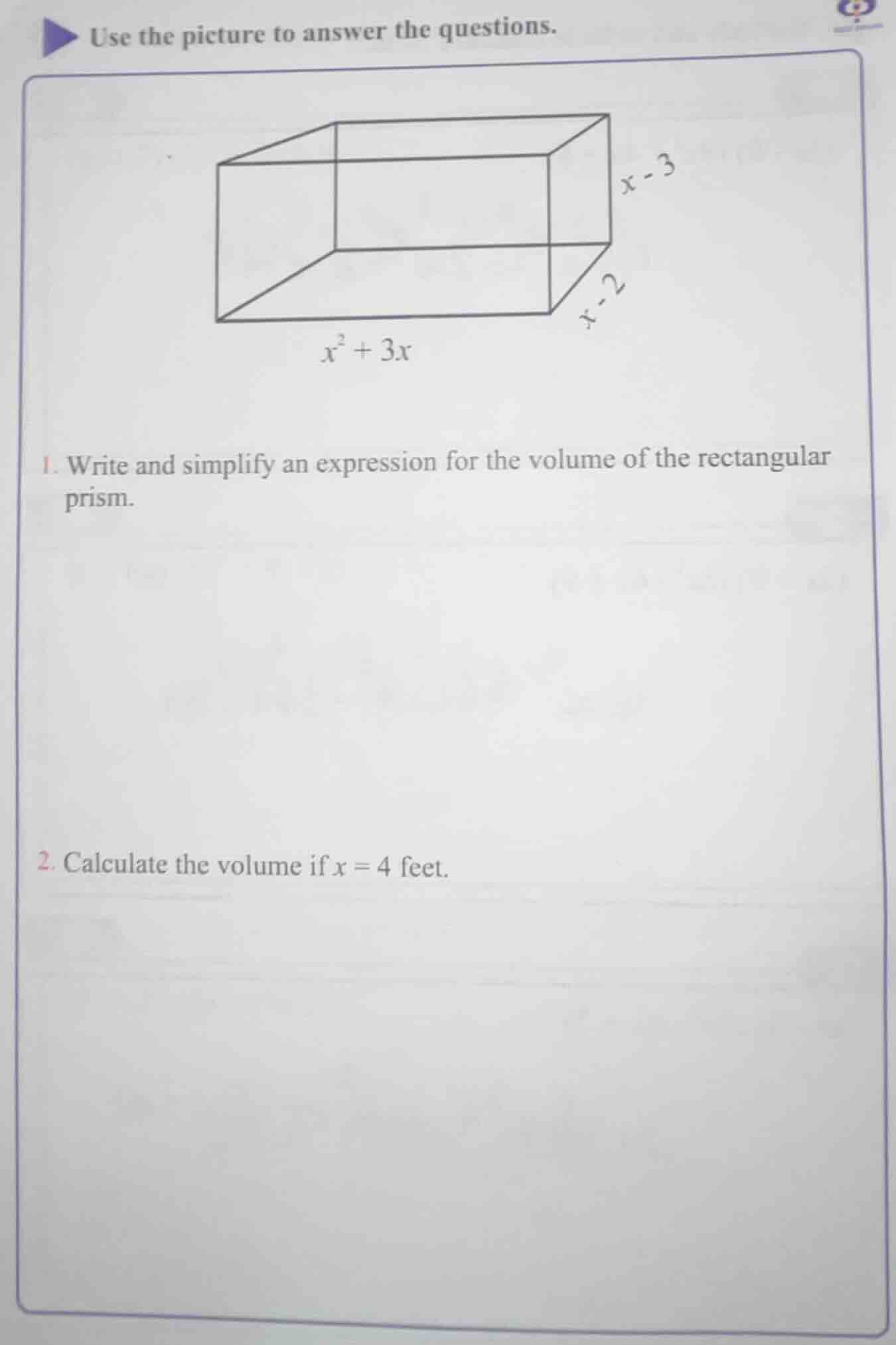 use the picture to answer the questions. image of a rectangular prism w…