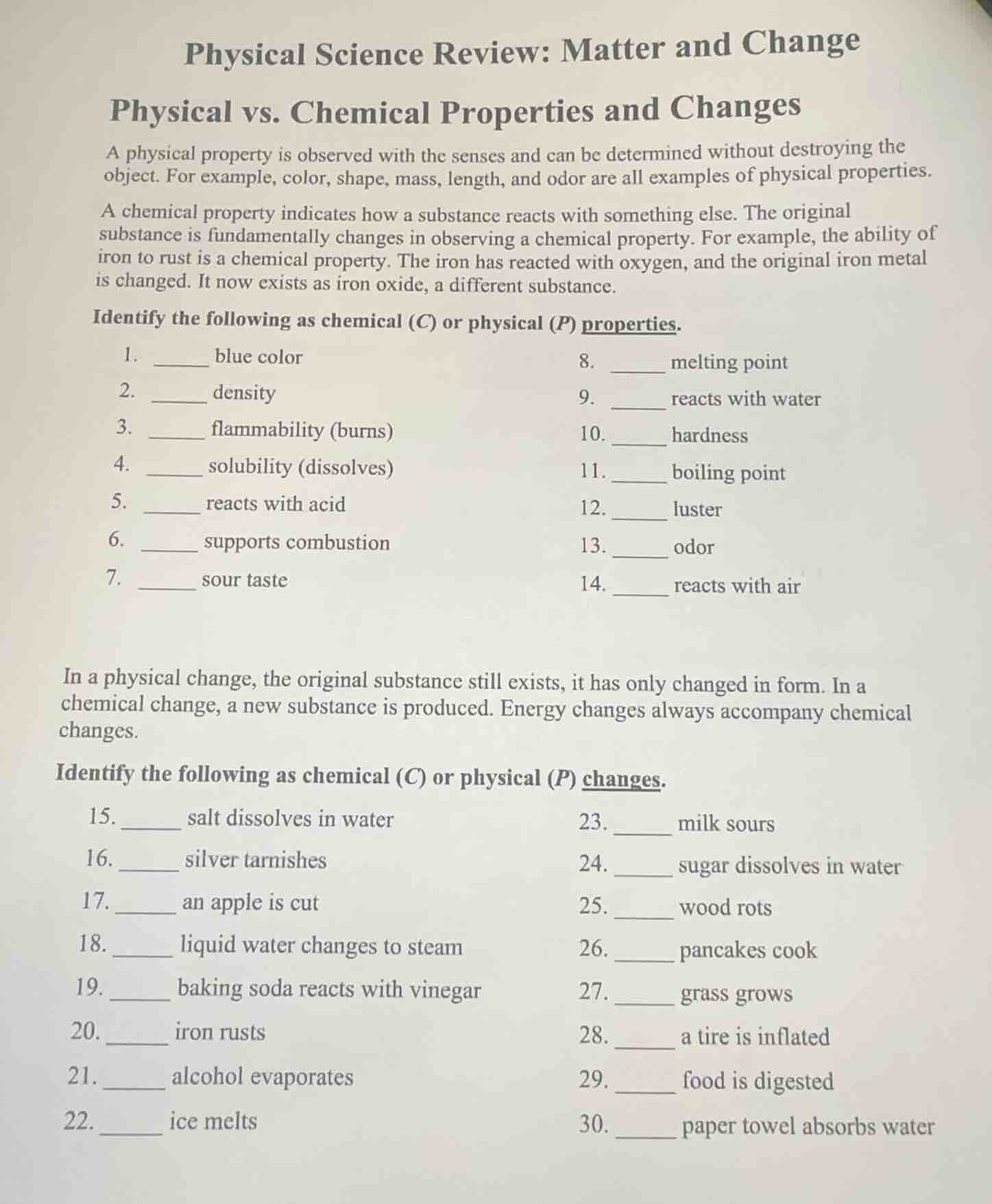 physical science review: matter and change physical vs. chemical proper…