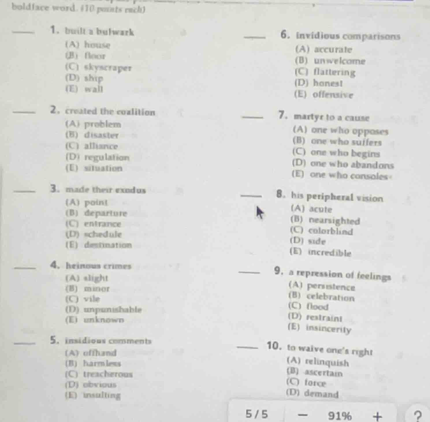 boldface word. (10 points each) 1. built a bulwark (a) house (b) floor …