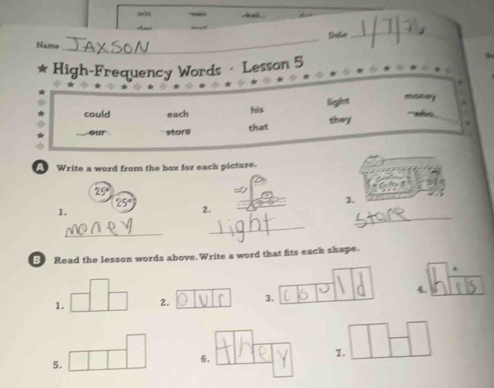 name jaxson date 1/7/36 ★ high-frequency words · lesson 5 could each hi…