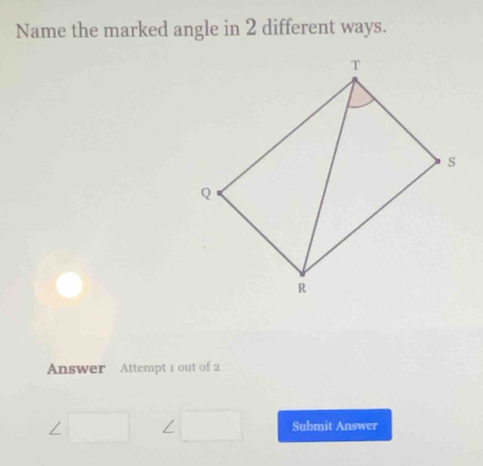 name the marked angle in 2 different ways. answer attempt 1 out of 2 ∠ …