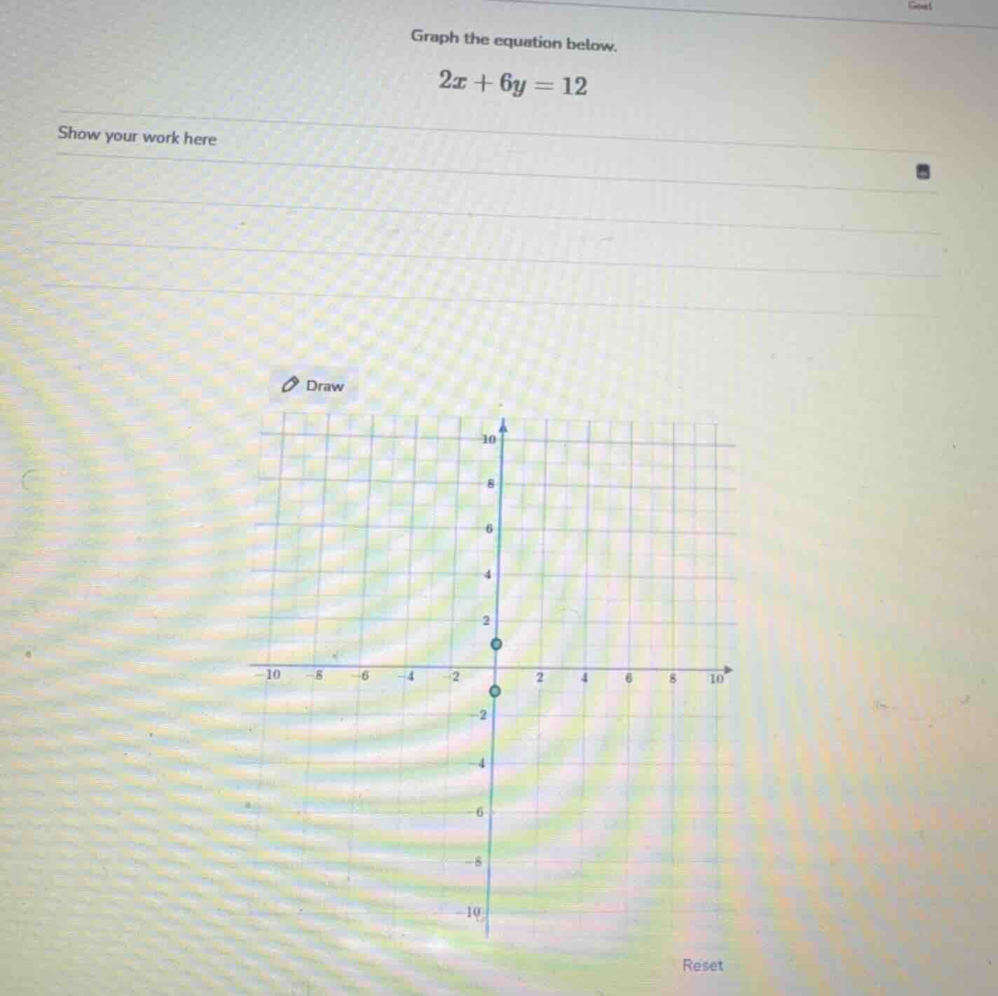 graph the equation below. $2x + 6y = 12$ show your work here