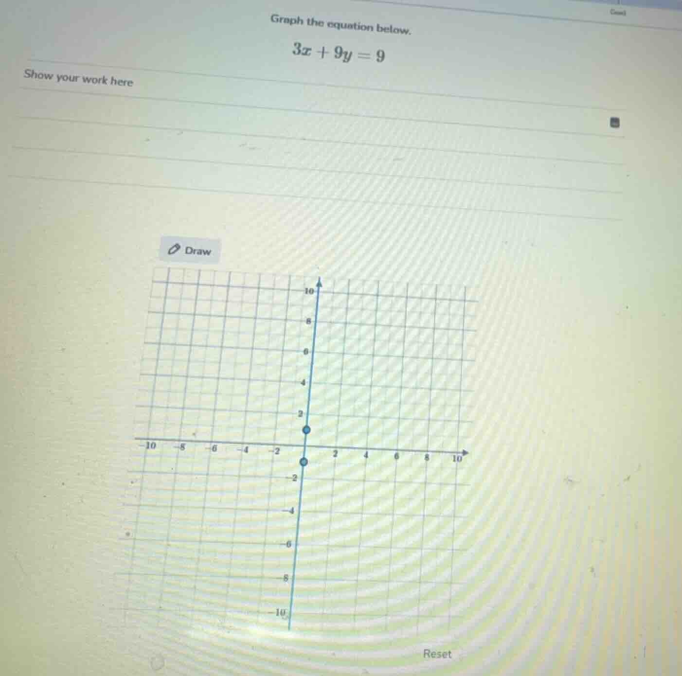 graph the equation below. 3x + 9y = 9 show your work here