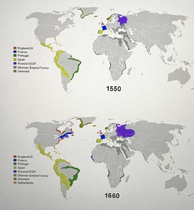 two world maps labeled 1550 and 1660, showing the territories of differ…