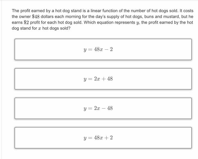 the profit earned by a hot dog stand is a linear function of the number…