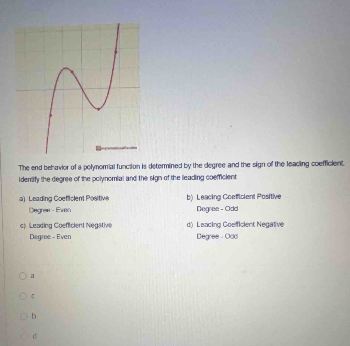 the end behavior of a polynomial function is determined by the degree a…