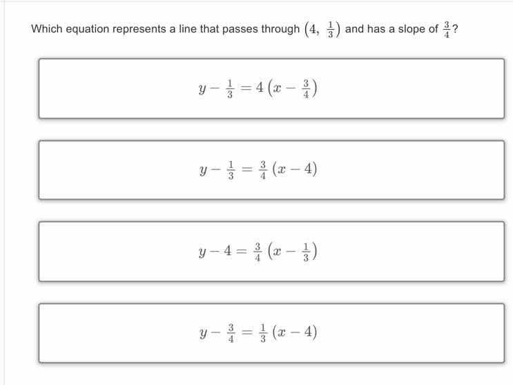 which equation represents a line that passes through \\(\\left(4, \\fra…