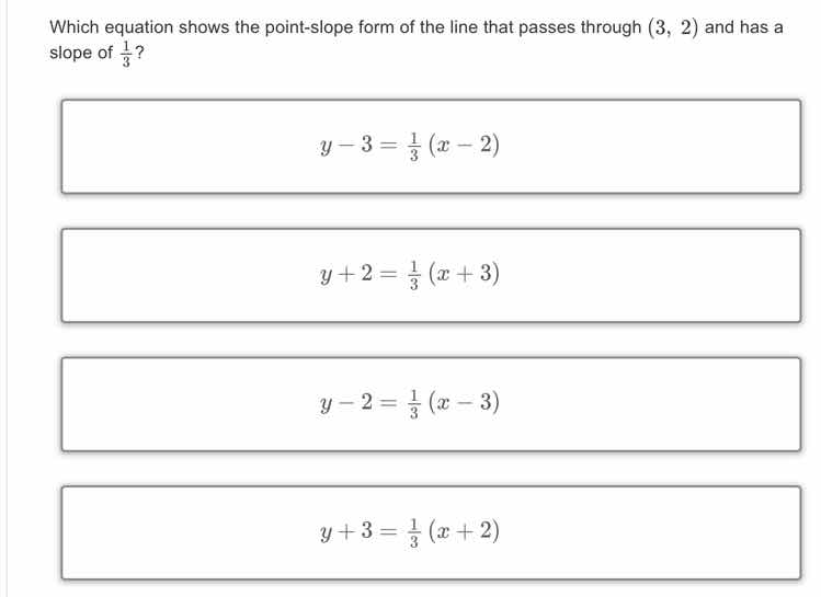 which equation shows the point - slope form of the line that passes thr…