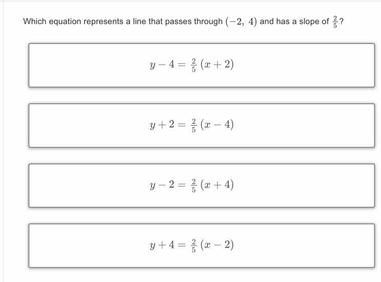 which equation represents a line that passes through $(-2, 4)$ and has …